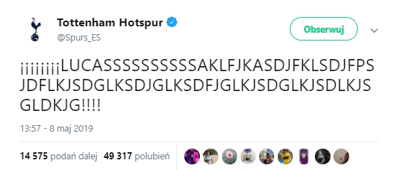 Tweet oficjalnego profilu Tottenhamu po golu Lucasa! :D